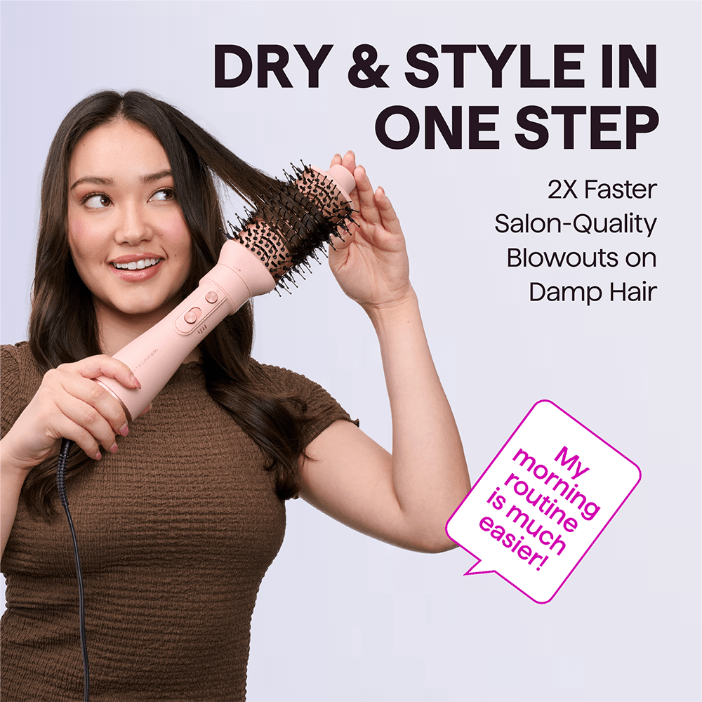 Woman using a Pink Air Sculpt 5 In 1 with a brush attachment on a light purple background, featuring text about hair care product benefits.