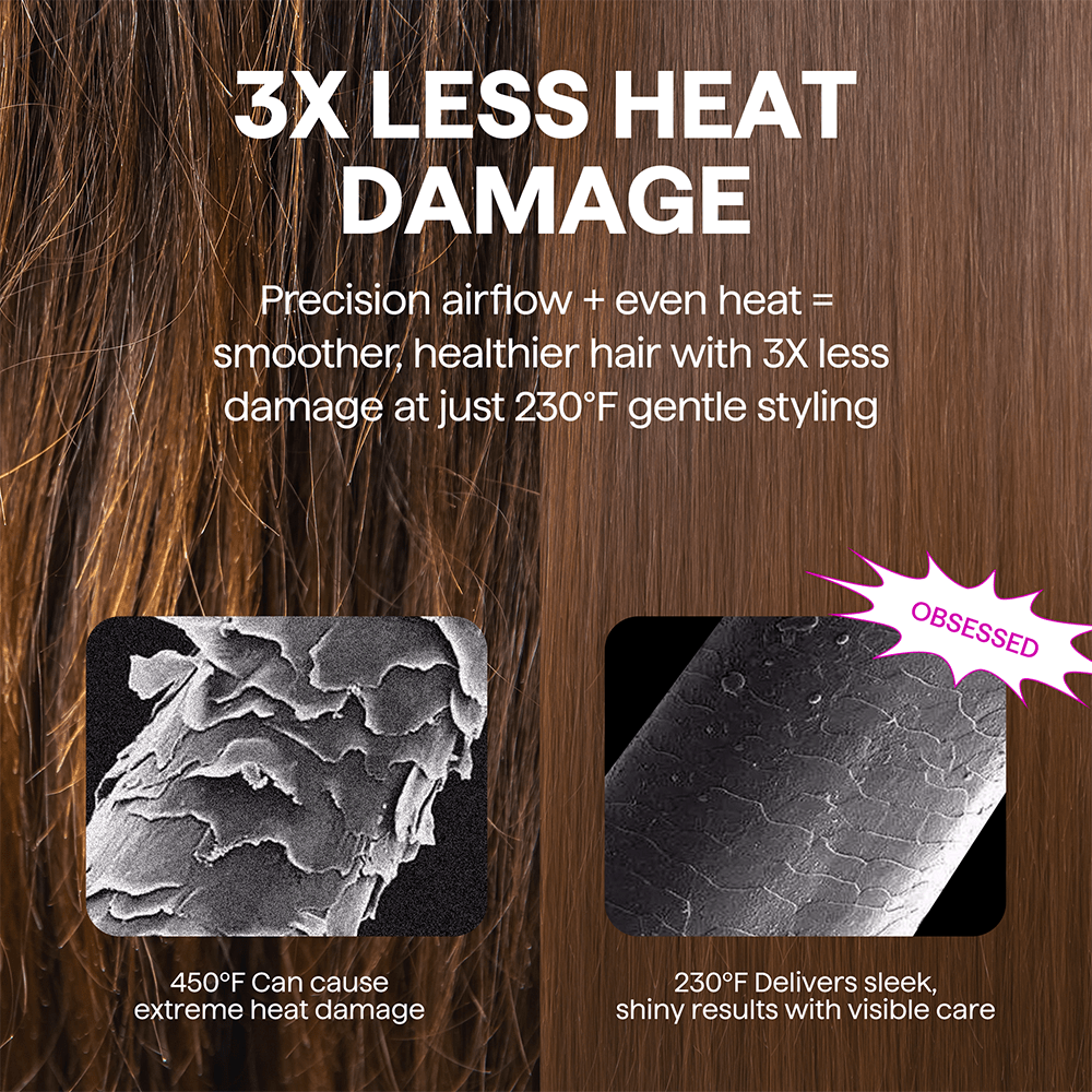 Advertisement highlighting hair styling product with text about heat damage reduction and temperature benefits using Air Sculpt 5 In 1