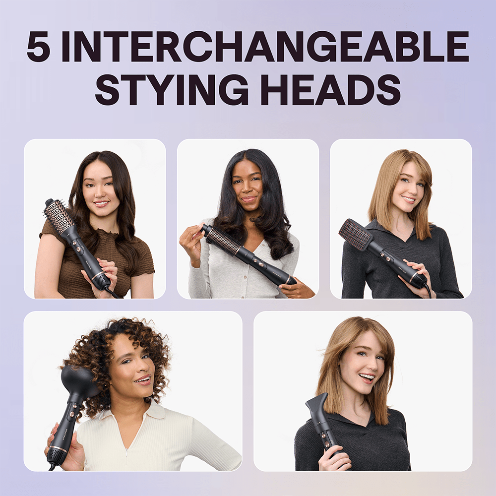 Five women holding a Rose Gold Air Sculpt 5 In 1 hair styling tool with interchangeable heads on a light purple background.