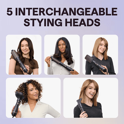Five women holding a Rose Gold Air Sculpt 5 In 1 hair styling tool with interchangeable heads on a light purple background.