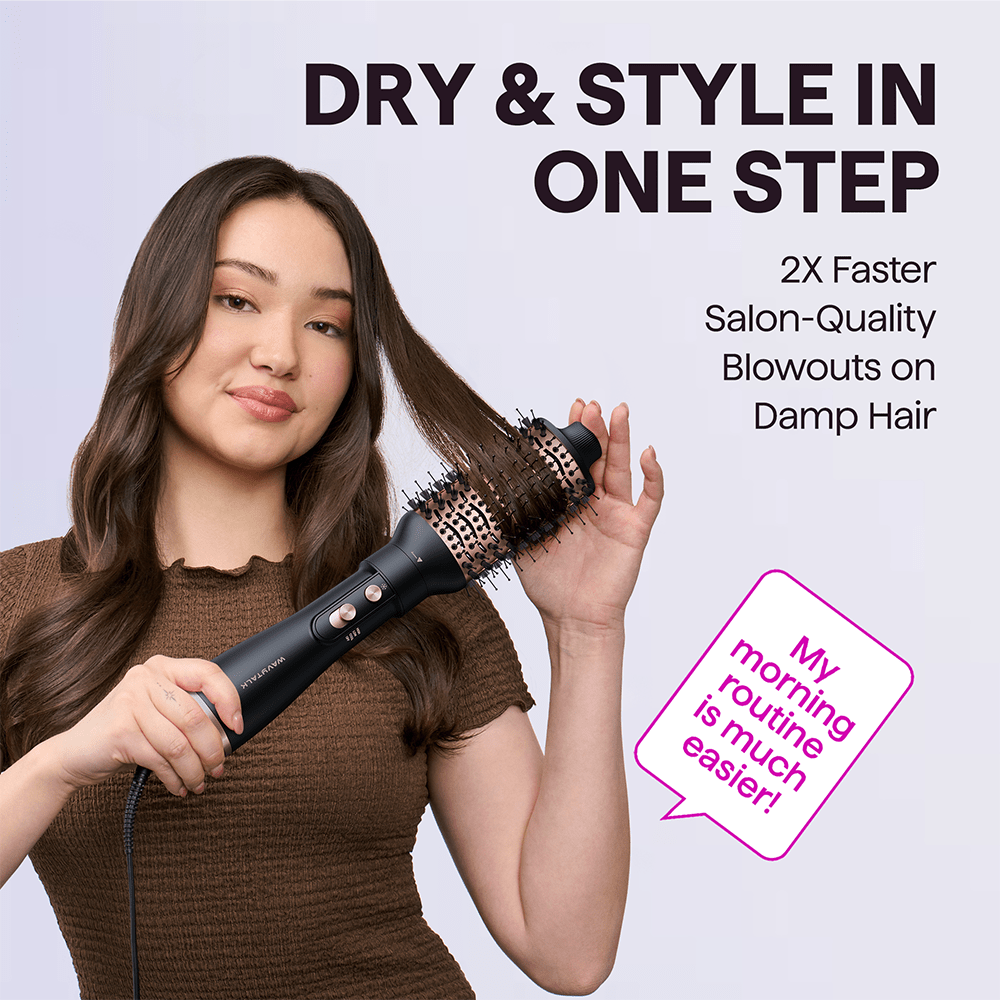 Woman using a Rose Gold Air Sculpt 5 In 1 hair styling tool with text about fast salon-quality blowouts on damp hair.