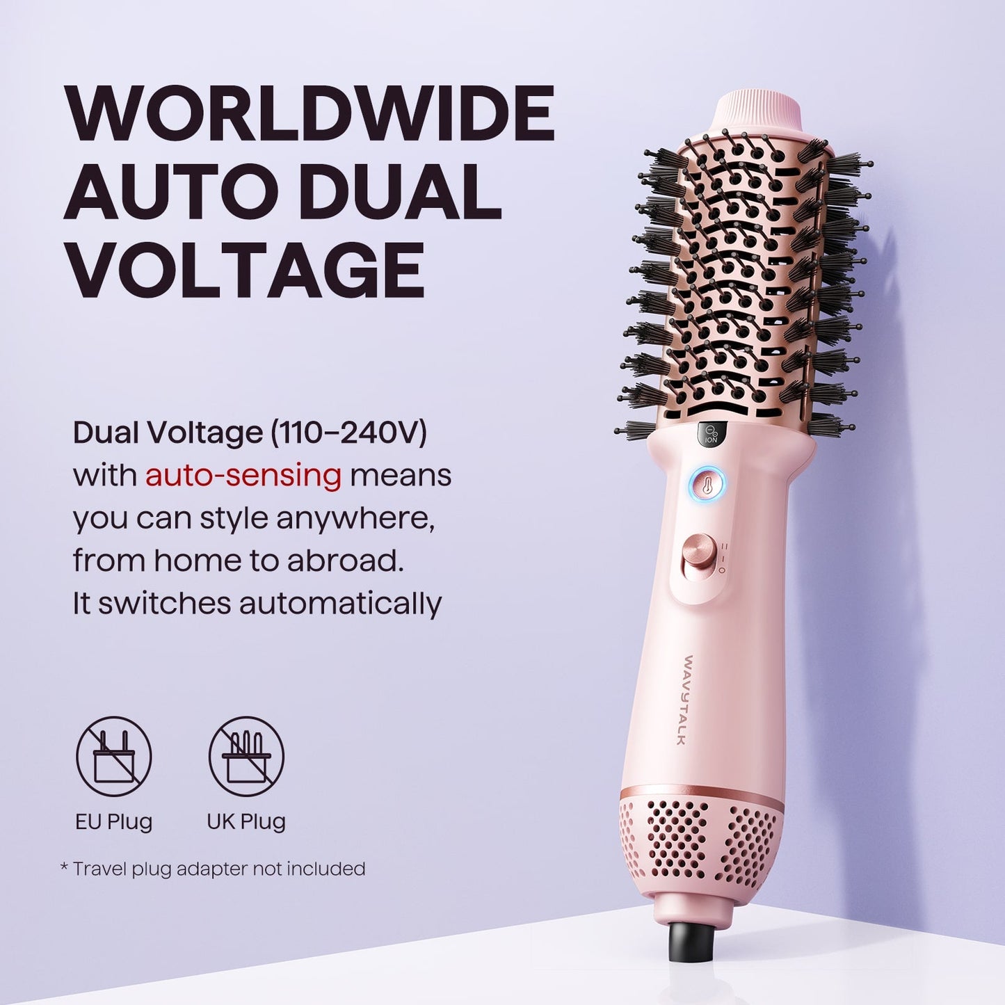 Jet Brush with text about worldwide auto dual voltage on a light purple background