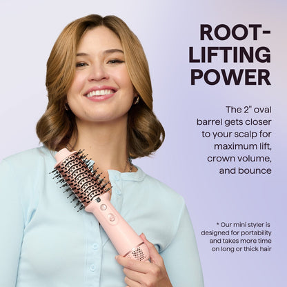 Woman holding a Jet Brush with text about root-lifting power on a light purple background