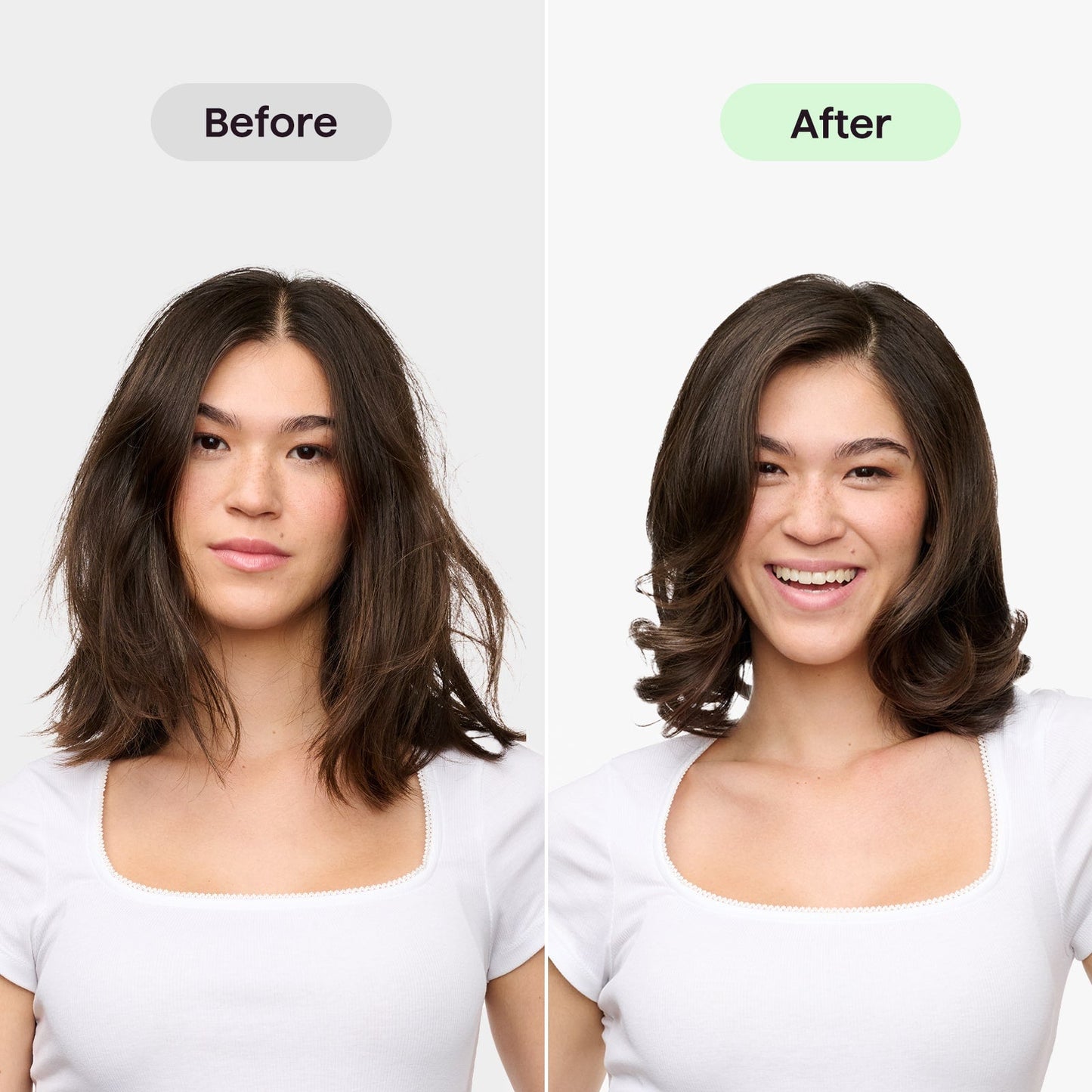 Before and after comparison of a woman with styled hair on a plain background