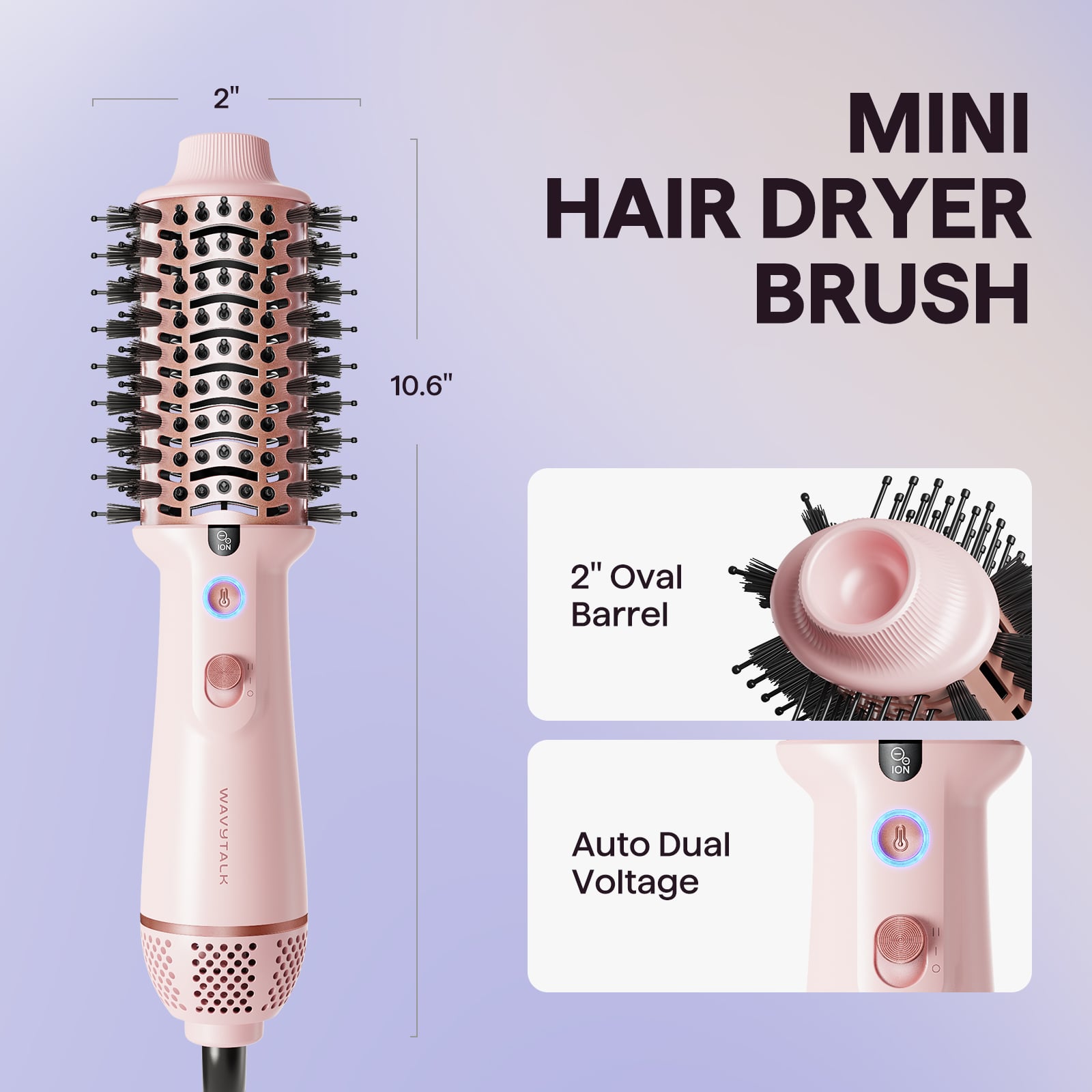 Mini hair dryer brush with measurements and features on a light purple background