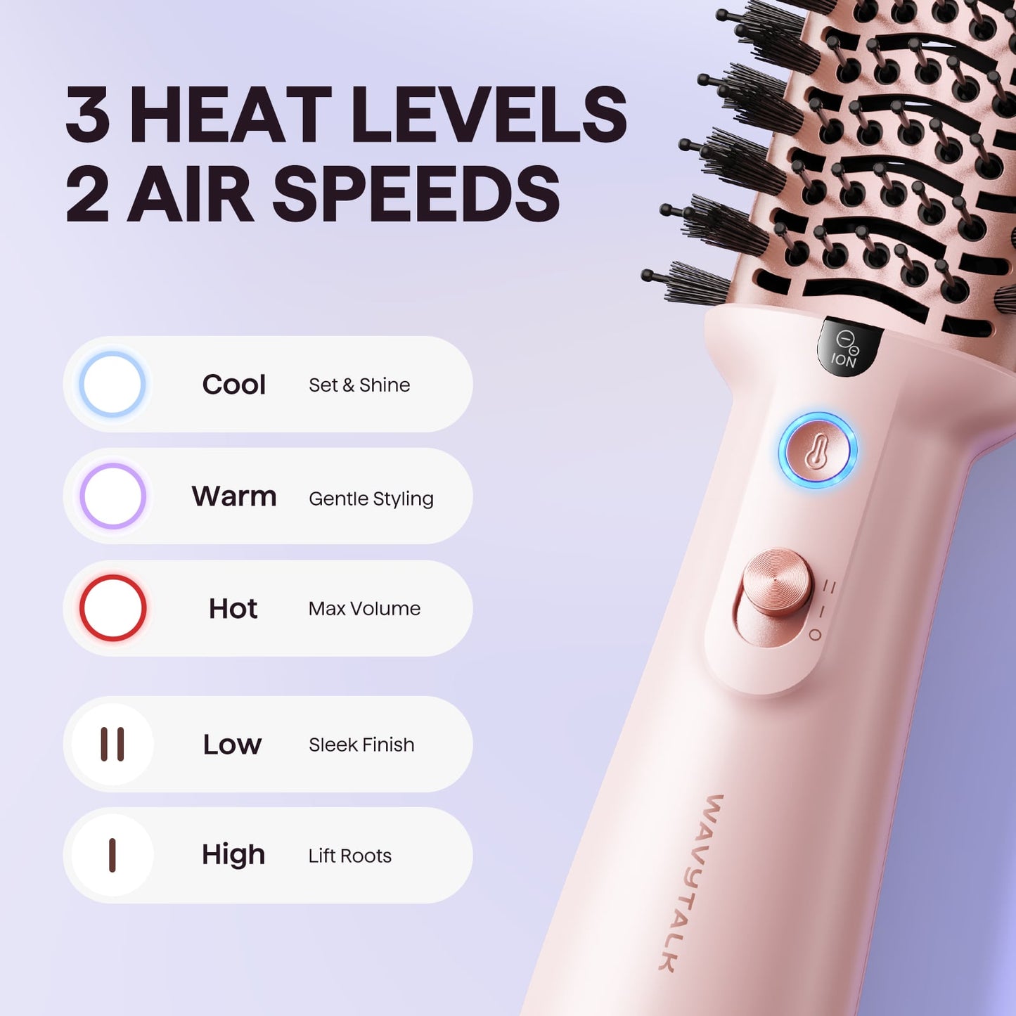 Jet Brush with control buttons and text indicating heat levels and air speeds on a light purple background.