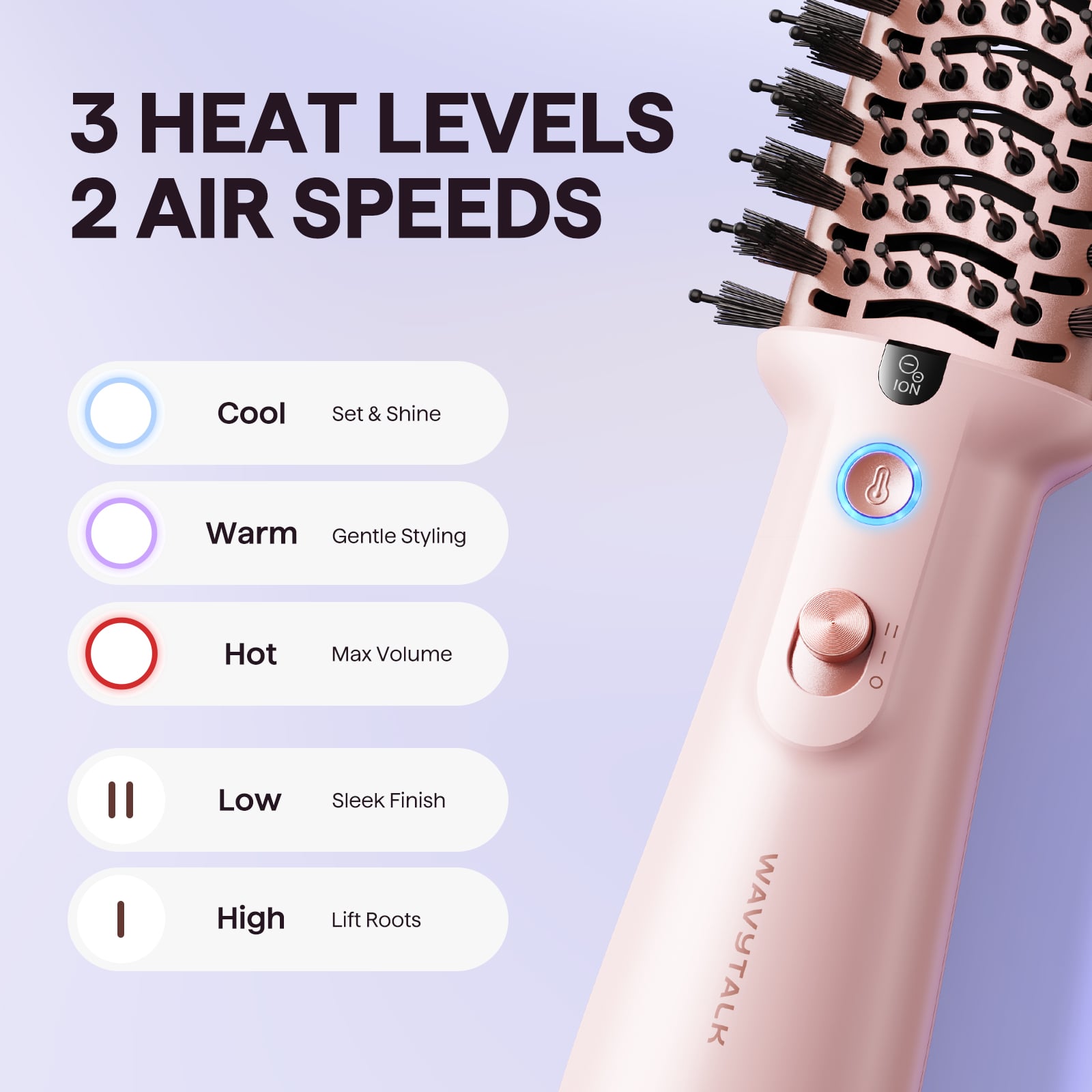 Jet Brush with control buttons and text indicating heat levels and air speeds on a light purple background.