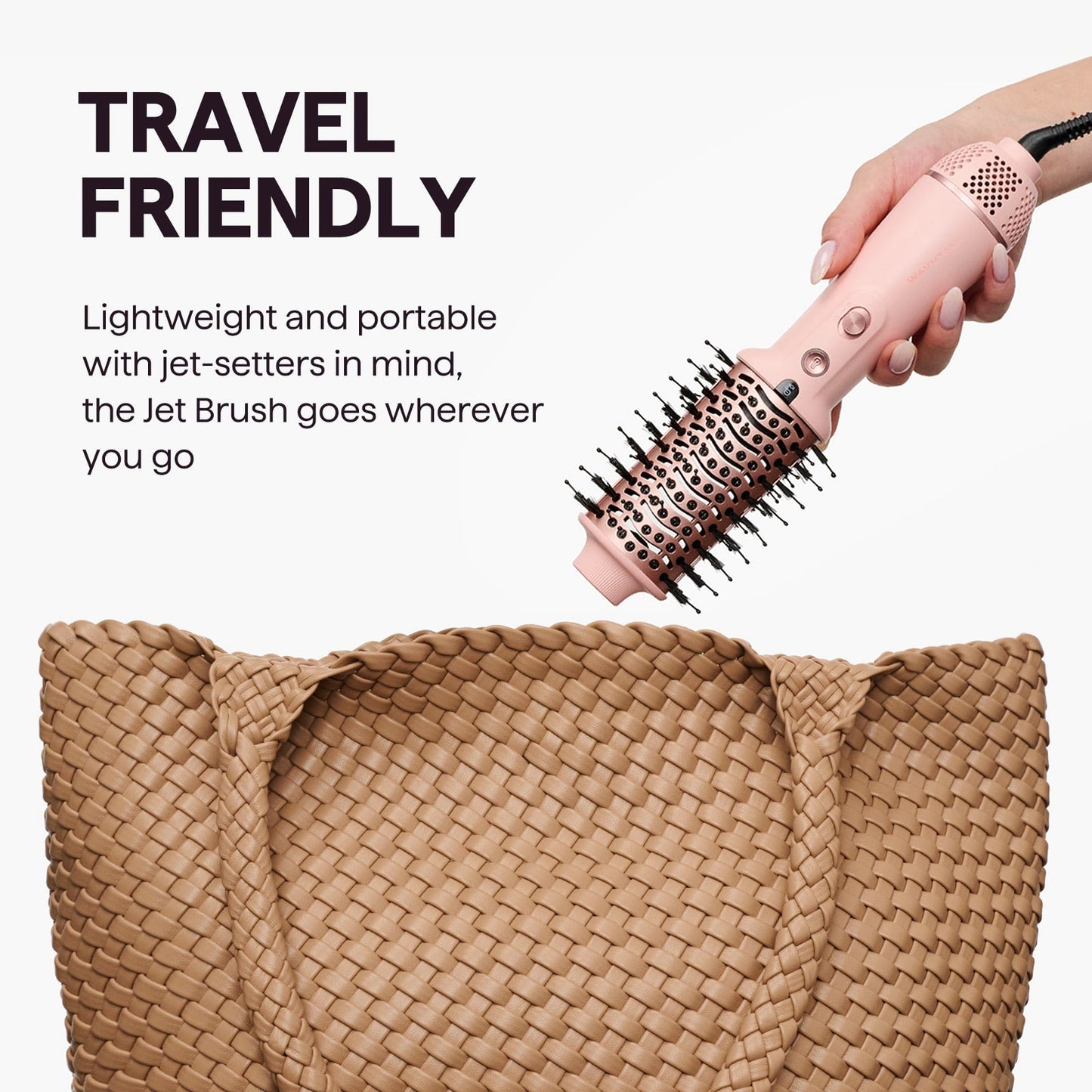 Pink Jet Brush held over a woven brown bag with text about its travel-friendly design.