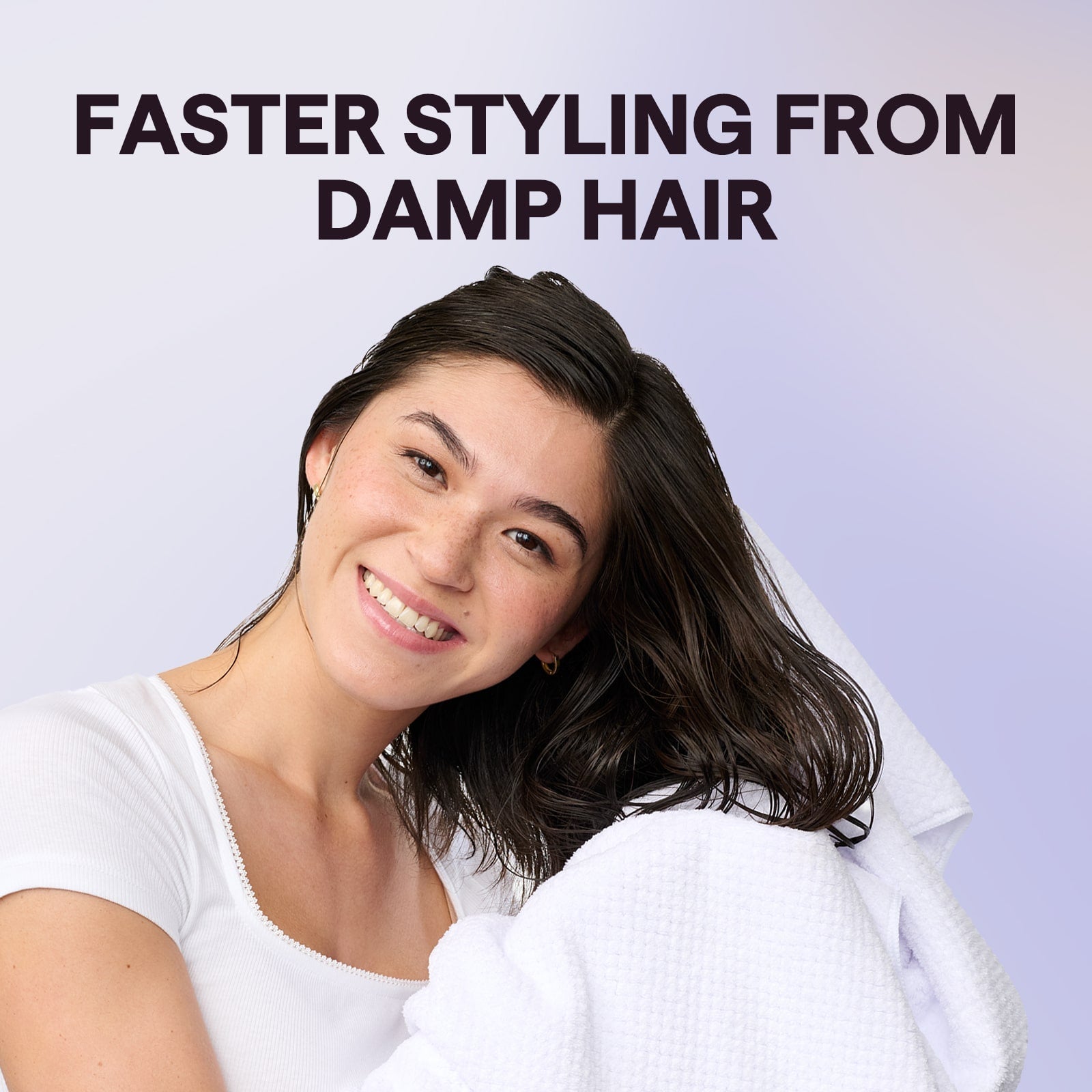 Woman with styled hair against a light background with text 'Faster Styling from Damp Hair'.