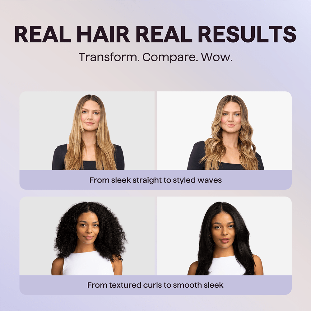 Advertisement showing transformations of hair styles with text 'Real Hair Real Results' on a light purple background.