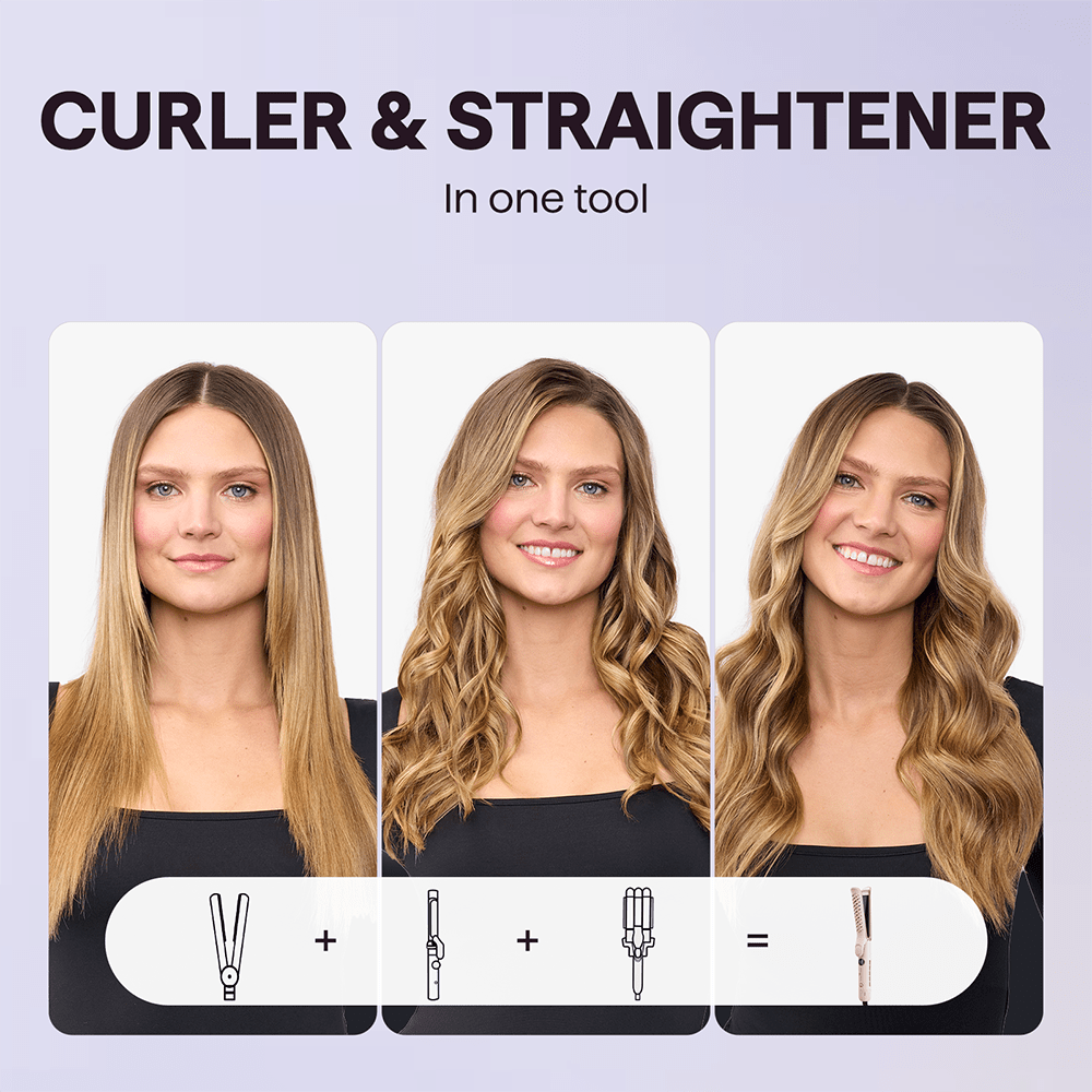 Three-stage hair transformation using the Pink Cool Curl styling tool, showing the step-by-step process from straight to wavy hair on a light purple background.