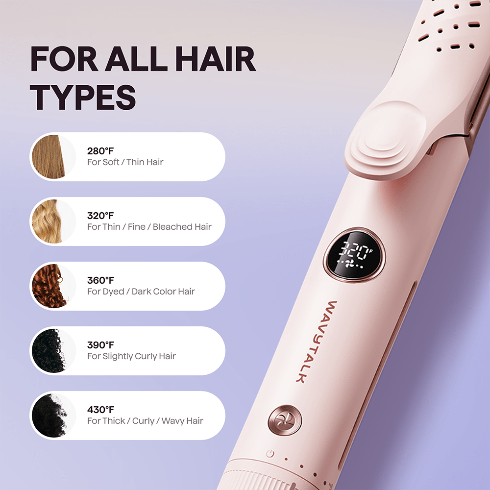 Pink Cool Curl hair straightener with temperature settings for different hair types on a light purple background