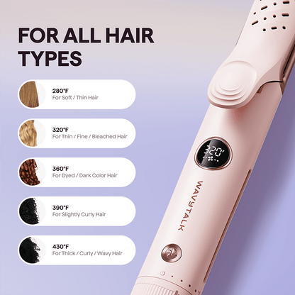 Pink Cool Curl hair straightener with temperature settings for different hair types on a light purple background