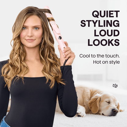 Pink Cool Curl hair styling tool being used by a woman with a dog in the background, featuring text highlighting the product's key features.