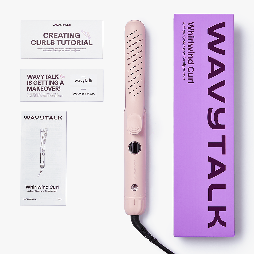 Pink hair Cool Curl straightener with Wavytalk packaging and manuals on a white background