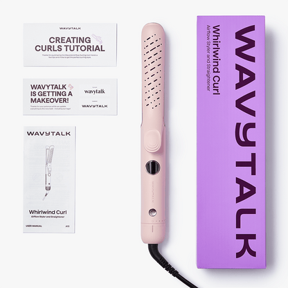 Pink hair Cool Curl straightener with Wavytalk packaging and manuals on a white background