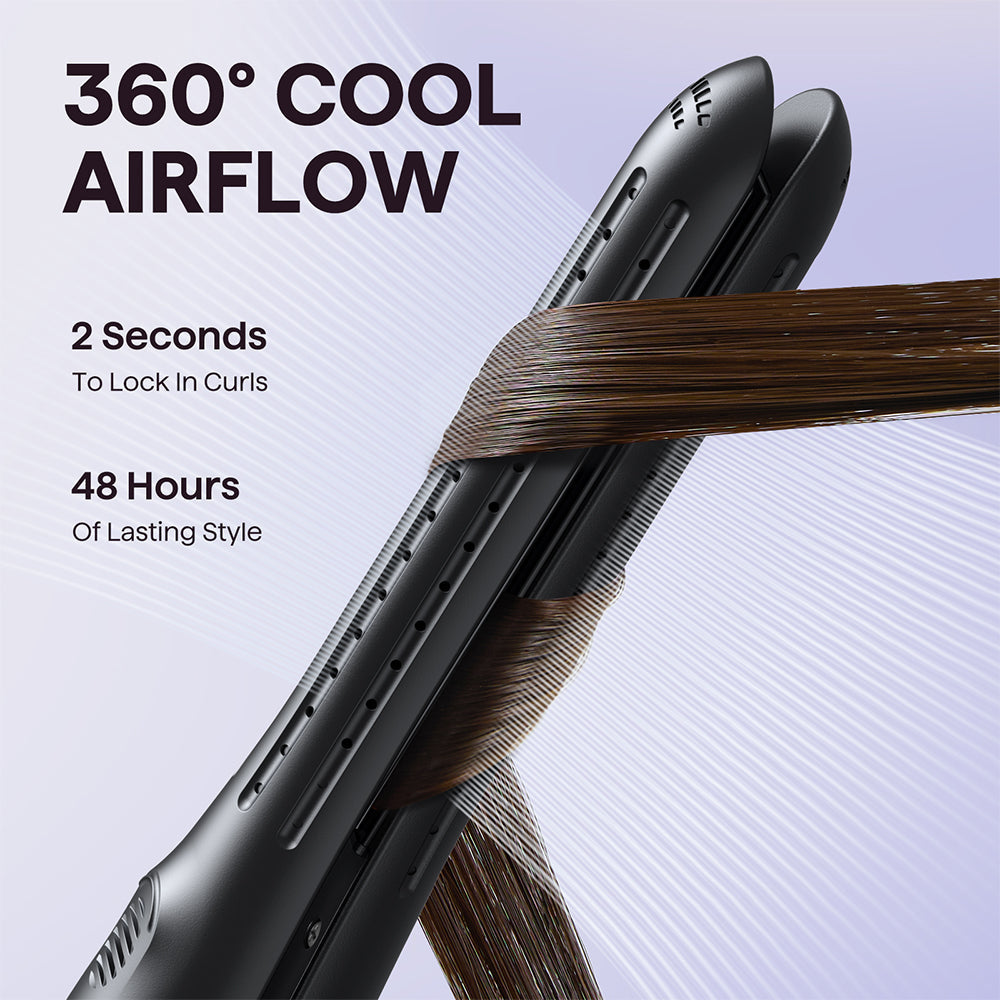 Black Cool Curl Pencilwith 360-degree cool airflow feature on a light purple background