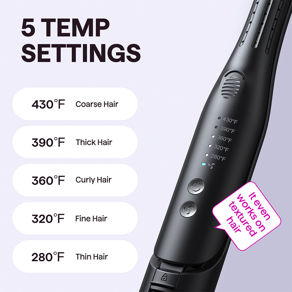 Black Cool Curl Pencil with temperature settings displayed on a light purple background