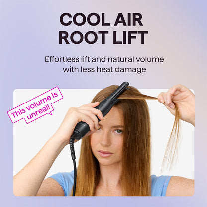Person using a Cool Curl Pencil with text about cool air root lift and volume enhancement.