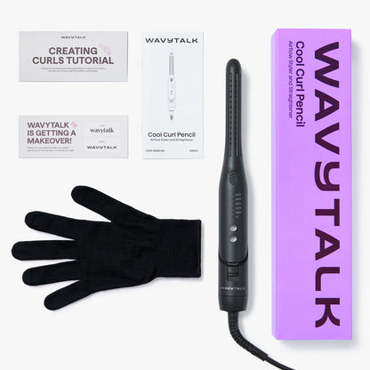 Wavytalk black Cool Curl Pencil with packaging and glove on a white background