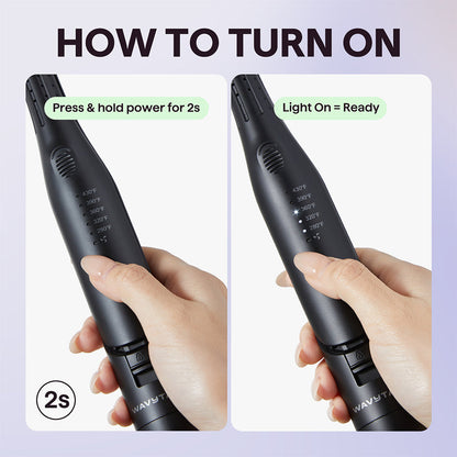 Instructions on how to turn on a black Cool Curl Pencil with text and hand demonstrations.