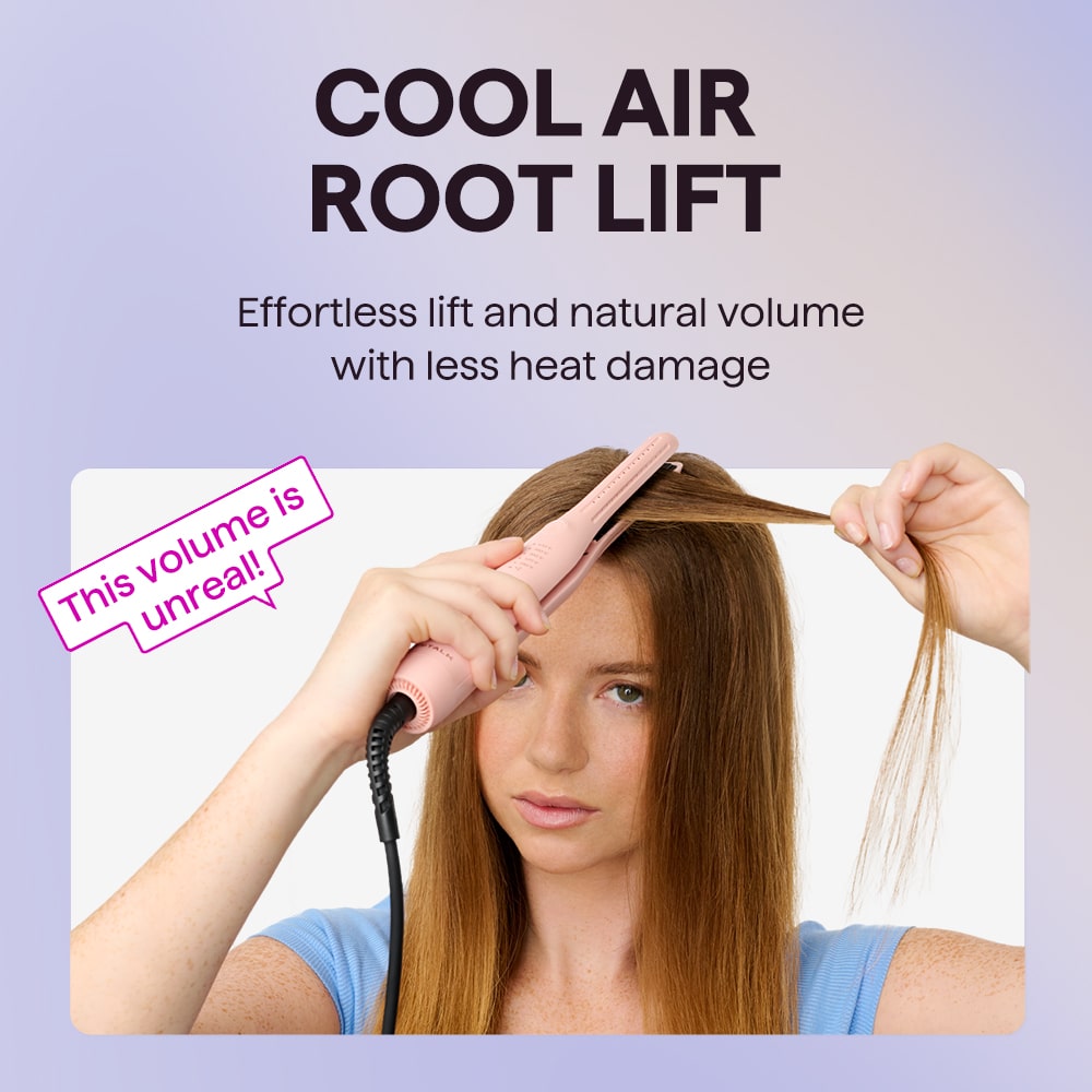 Person using a Pink Cool Curl Pencil hair straightener with text about cool air root lift on a purple background