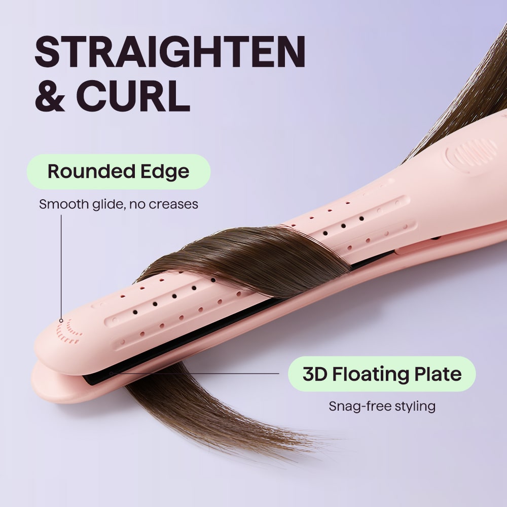 Pink Cool Curl Pencil hair straightening and curling tool with text highlighting features on a light purple background