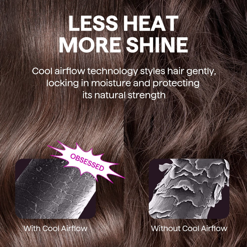 Cool Curl Pencil hair styling product with text 'Less Heat More Shine' and close-up of hair texture comparison.