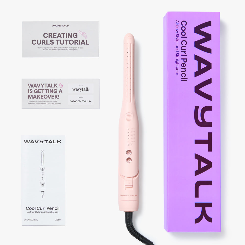 Pink Cool Curl Pencil with Wavytalk packaging and promotional materials on a white background