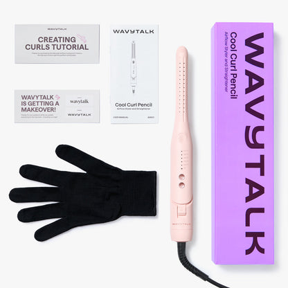 Wavytalk pink Cool Curl Pencil with packaging and glove on a white background