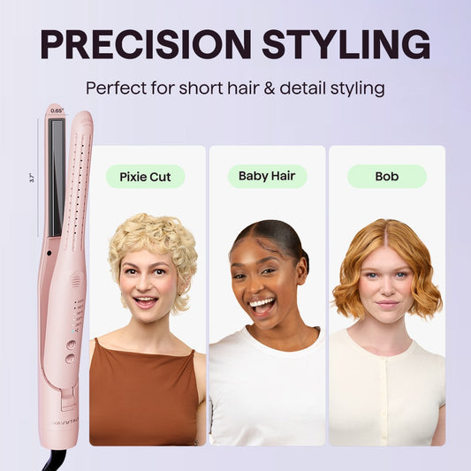 Pink Cool Curl Pencil hair straightener with styling options for different hair lengths on a light purple background