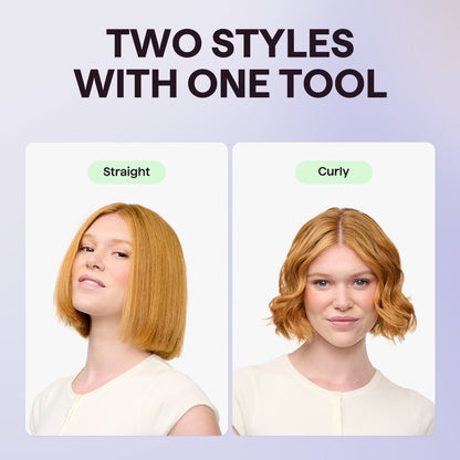 Pink Cool Curl Pencil featuring a comparison of straight and curly hair styles, with the text "Two Styles with One Tool" on a light purple background.