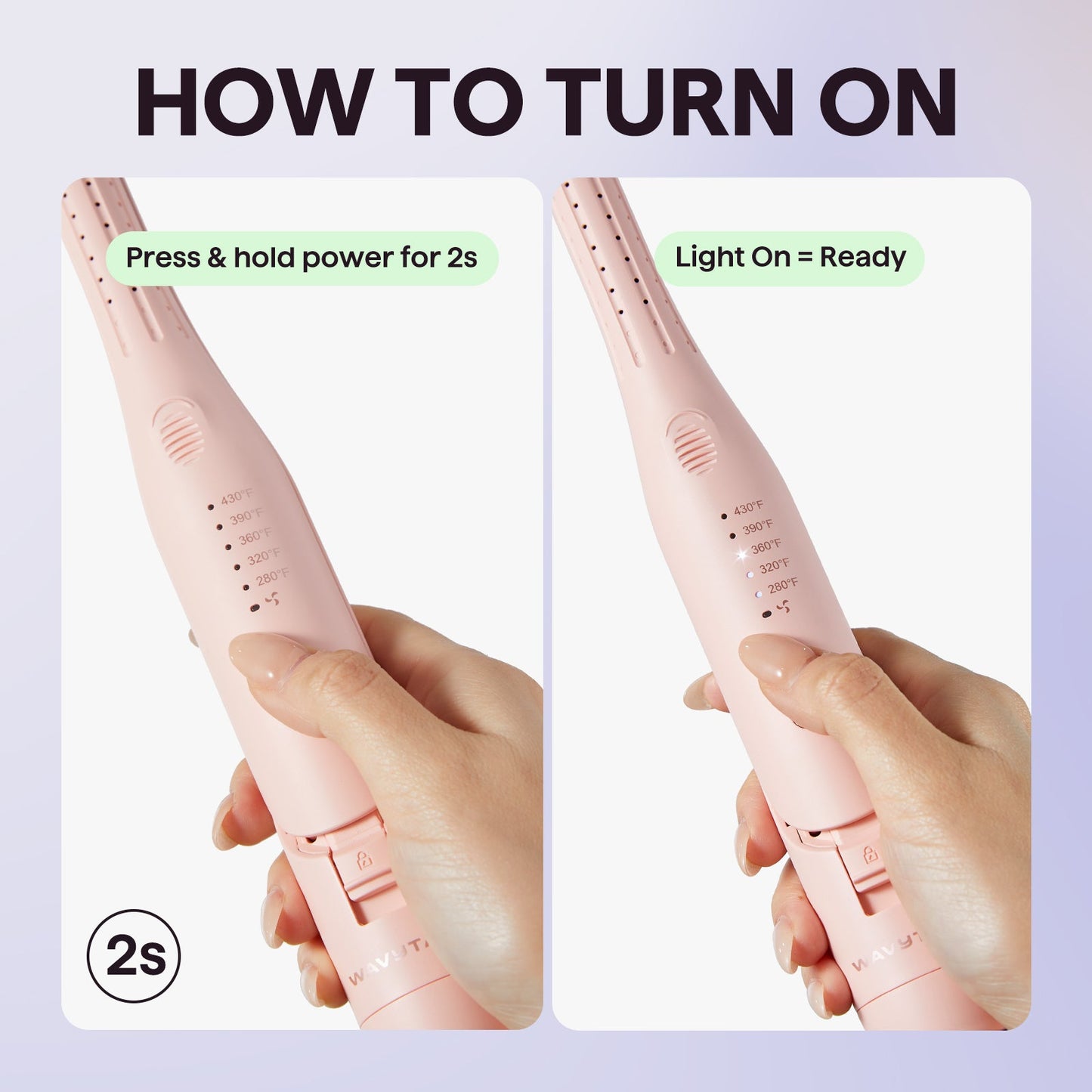 Instructions on how to turn on a pink Cool Curl Pencil with text overlay.