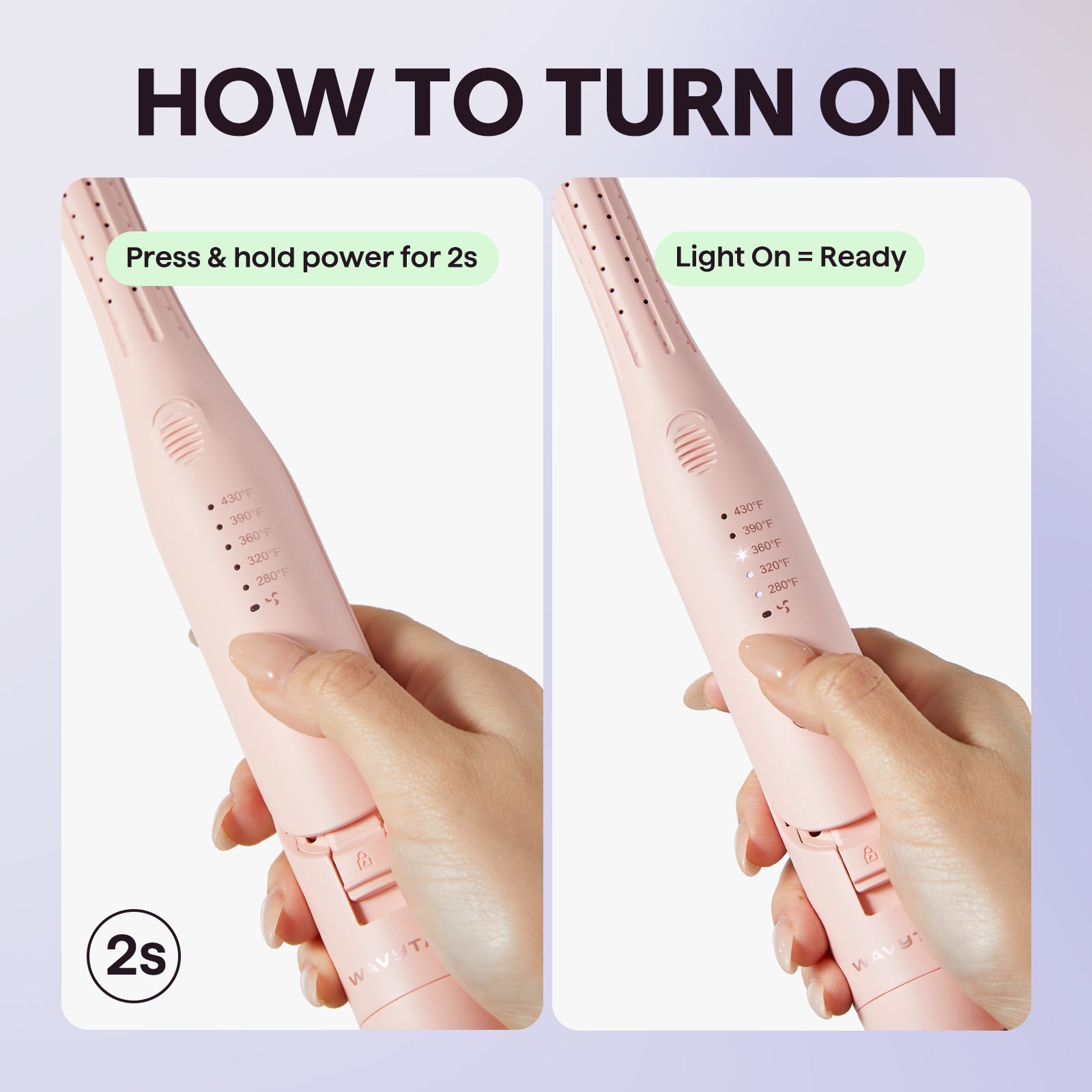 Instructions on how to turn on a pink Cool Curl Pencil with text overlay.