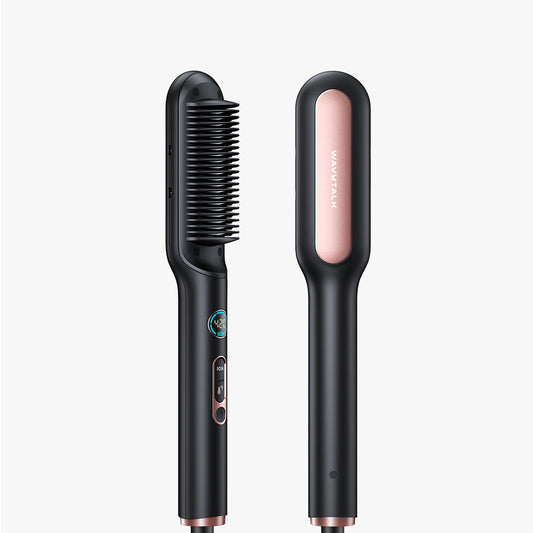 Black hair straightener with a pink handle on a white background