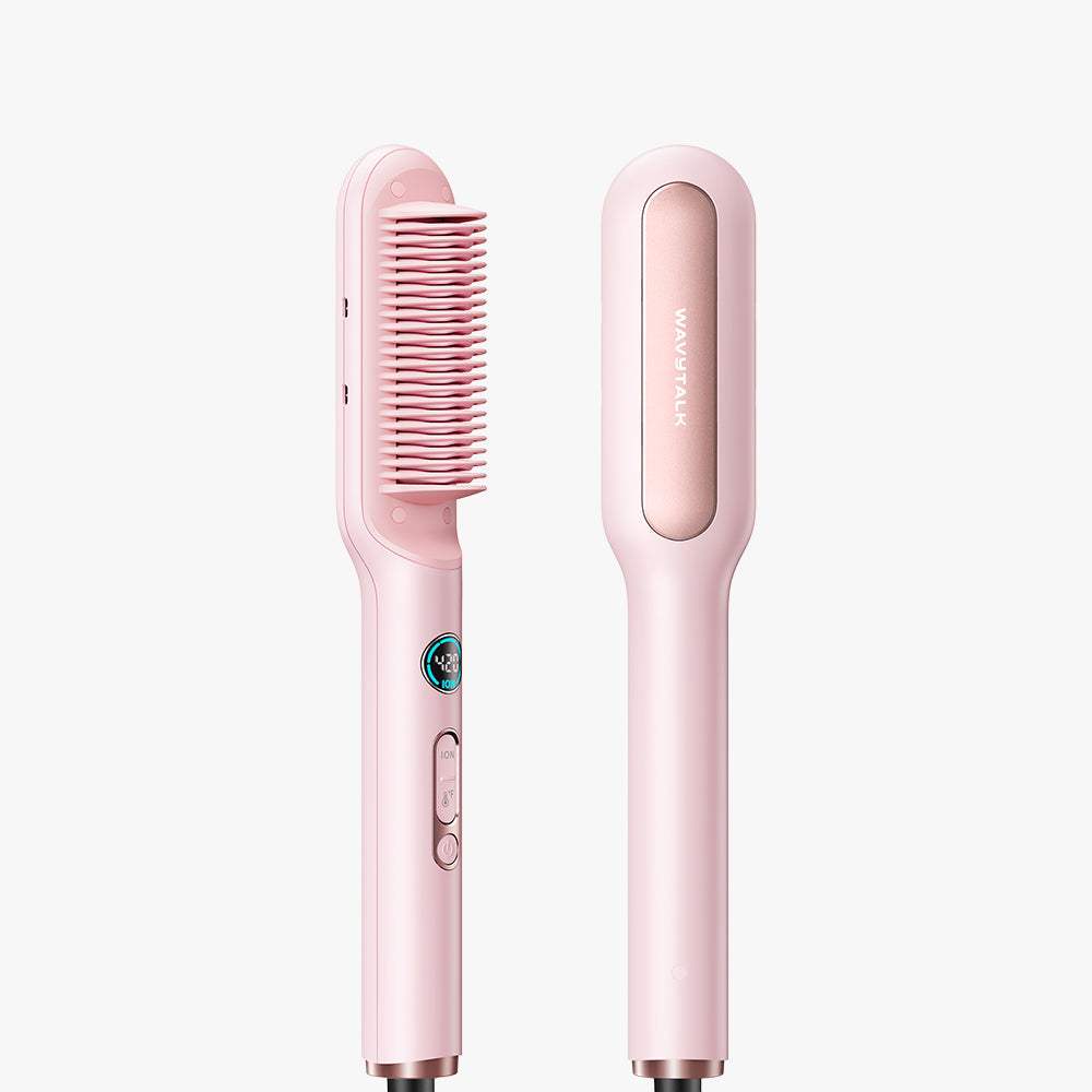 Pink hair straightener with comb attachment on a white background