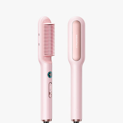 Pink hair straightener with comb attachment on a white background