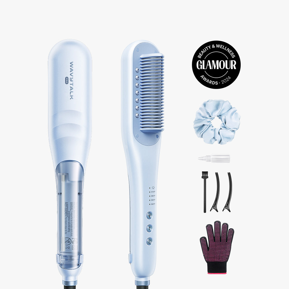 Hair straightening tool with attachments and scrunchie on a white background