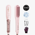 Pink hair straightener with attachments and a scrunchie on a white background
