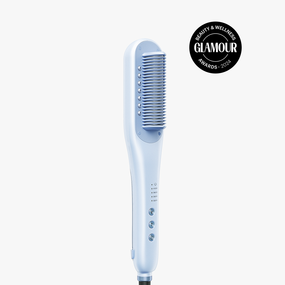 Blue Steamline Pro hair straightening tool featuring the Glamour 2024 Beauty & Wellness Award badge, showcasing its award-winning performance on a clean white background.