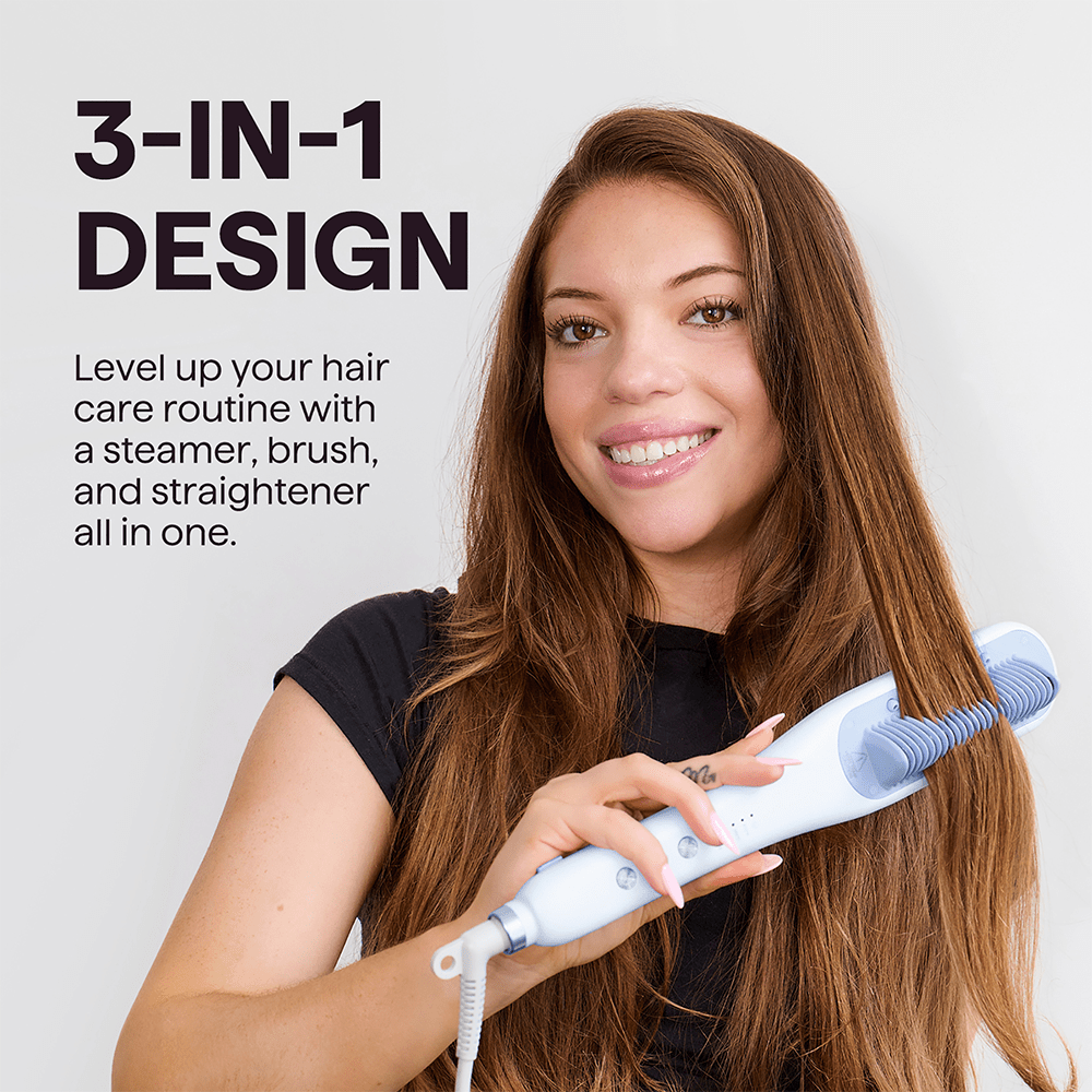 Woman using the Blue Steamline Pro styling device, featuring a text overlay highlighting its versatile 3-in-1 design for professional hair results on a light purple background.