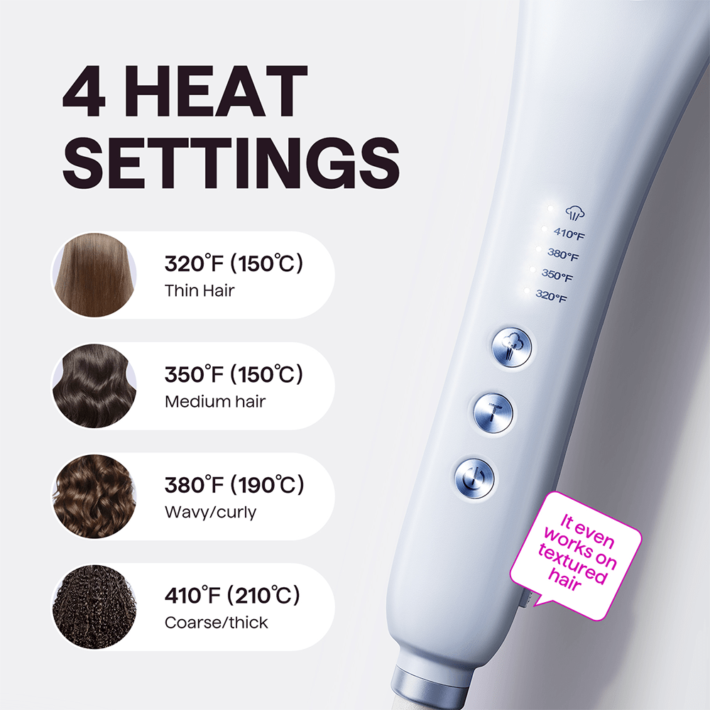 Blue Steamline Pro with heat settings for different hair types on a white background