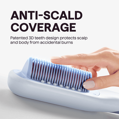 Close-up of a hand holding the blue Steamline Pro thermal brush, featuring a text overlay highlighting its anti-scald protection and 3D teeth design for safe, root-to-tip styling on a light purple background.