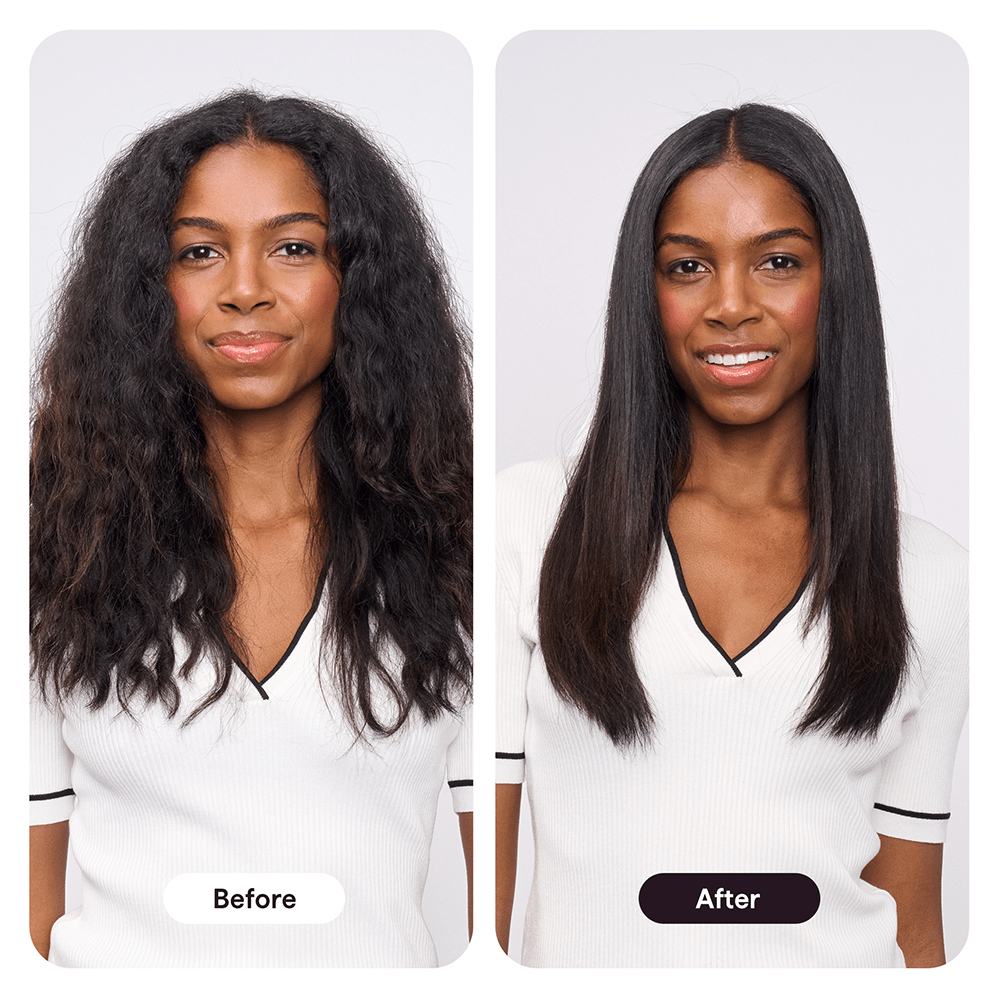 Steamline Pro before and after transformation, showcasing a woman with long hair transitioning from a natural texture to a professionally styled, sleek look on a light purple background.