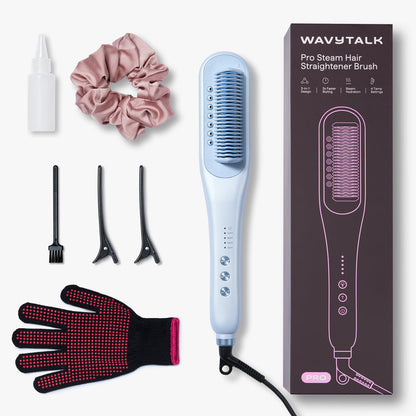 Wavytalk Blue Steamline Pro Hair Straightener Brush with accessories on a white background
