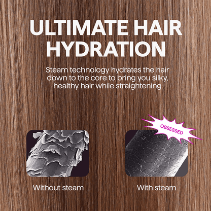 Steamline Pro hair straightening tool featuring advanced steam technology to hydrate hair while styling, presented on a brown hair background.