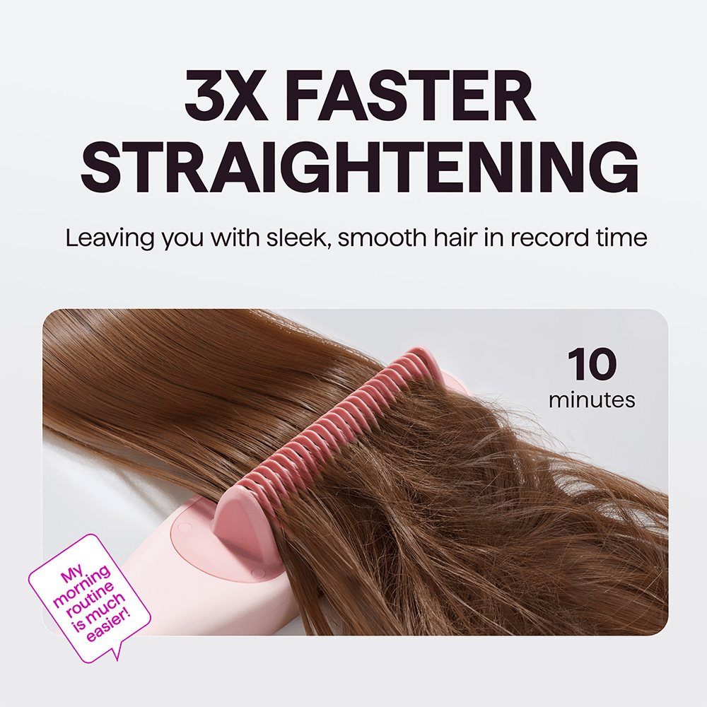 Pink Steamline Pro hair straightening tool featuring a text overlay highlighting instant heating speed and salon-quality results on a clean white background.