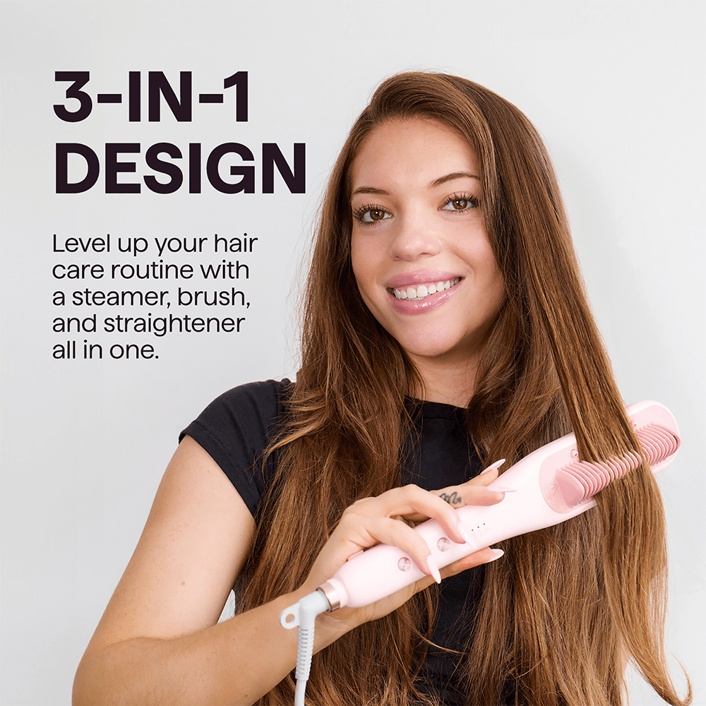 Woman using the Pink Steamline Pro styling device, featuring a text overlay highlighting its versatile 3-in-1 design for professional hair results on a light purple background.
