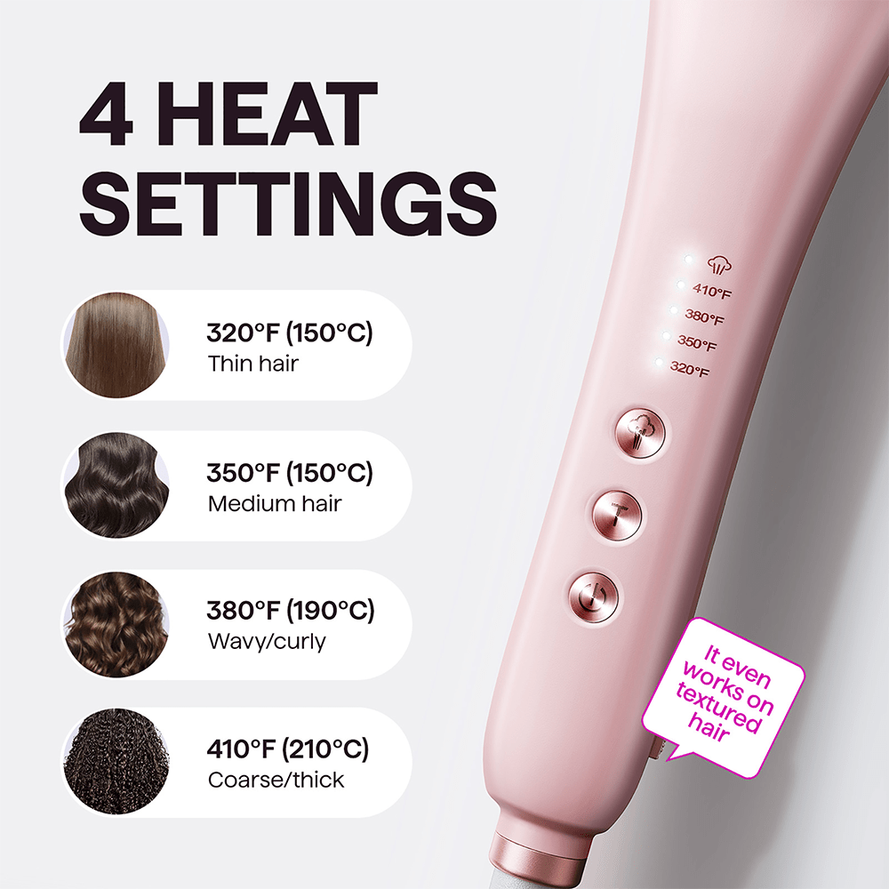 Pink Steamline Pro with heat settings for different hair types on a white background