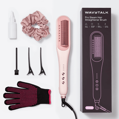 WavytalkSteamline Pro Hair Straightener with packaging, scrunchie, gloves, and attachments on a white background
